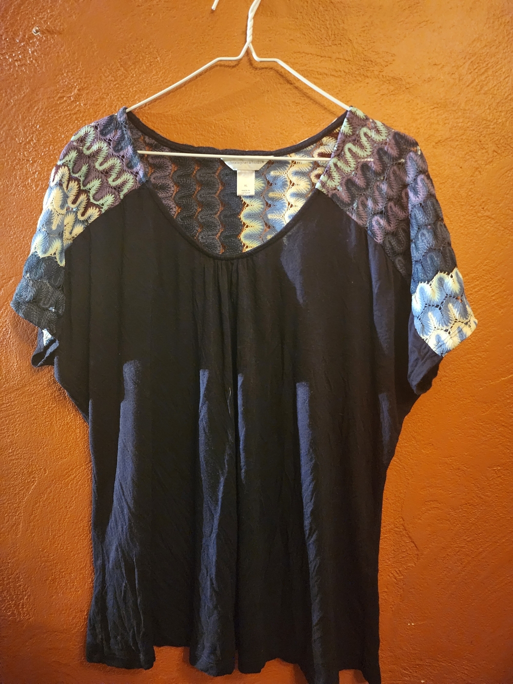 Christopher & Banks Blue Short Sleeve Tee with Multicolor Crochet Shoulders